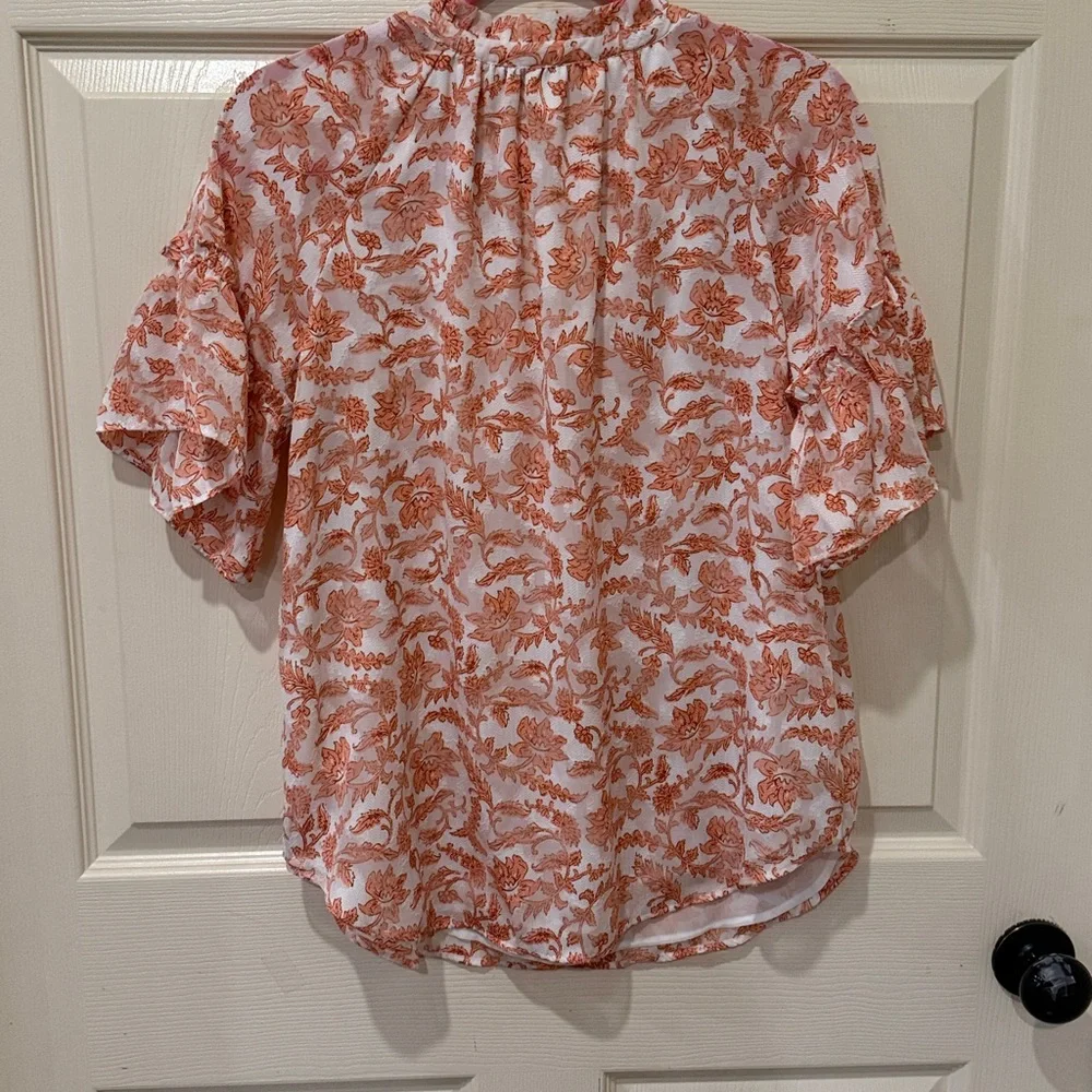 Loft floral coral ruffle cuff top, XSM - Picture 9 of 10